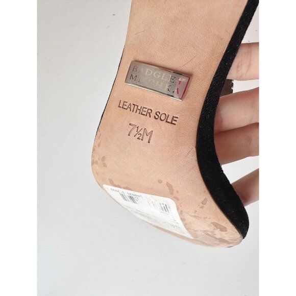 BADGLEY MISCHKA Java Black Satin Velvet Crystal TT-Stra Stiletto Heels, Size 7.5 - Picture 14 of 15